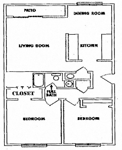Floor plan for 2 beds, 1 bath, 970 sqft