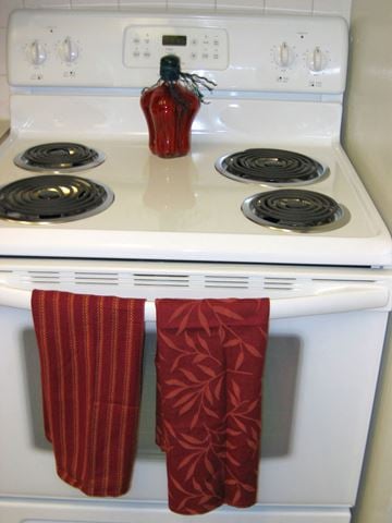Spokane apartment for rent - two red kitchen towels hanging on the stove