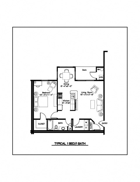 Floor plan for 1 bed, 1 bath, 930 sqft