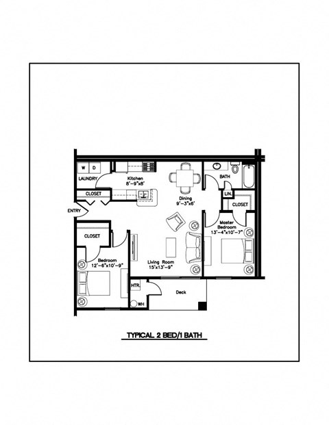 Floor plan for 2 beds, 1 bath, 1100 sqft