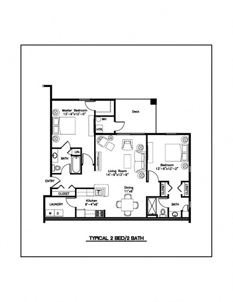 Floor plan for 2 beds, 2 baths, 1289 sqft