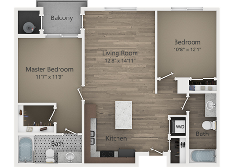 Floor plan for 2 beds, 2 baths, 979 sqft