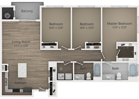 Floor plan for 3 beds, 2 baths, 1277 sqft