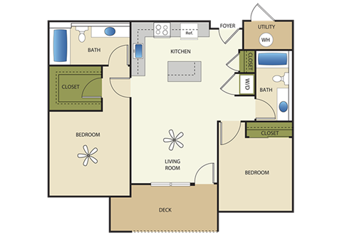 Floor plan for 2 beds, 2 baths, 924 sqft