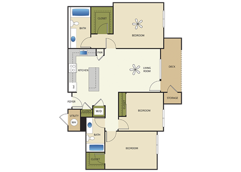 Floor plan for 3 beds, 2 baths, 1235 sqft