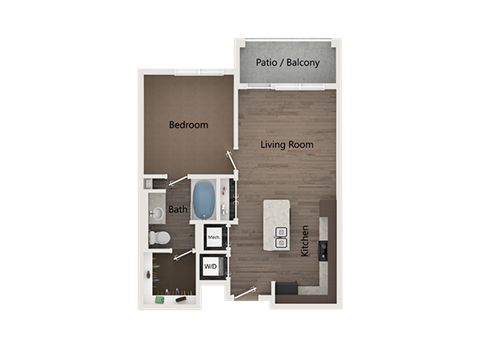 Floor plan for 1 bed, 1 bath, 732 sqft