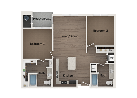 Floor plan for 2 beds, 2 baths, 1058 sqft