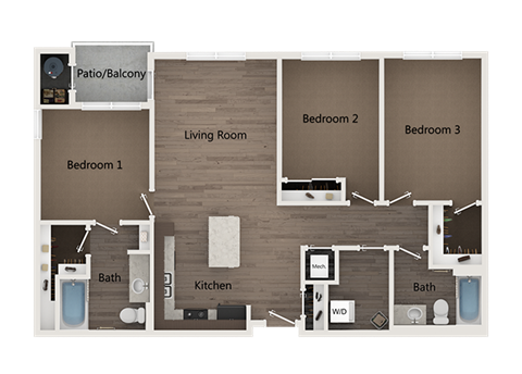 Floor plan for 3 beds, 2 baths, 1331 sqft