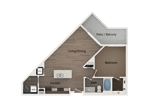 Floor plan for 1 bed, 1 bath, 862 sqft