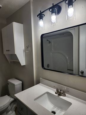 Columbus apartment for rent - A white bathroom with a toilet, sink, mirror, and light fixture.