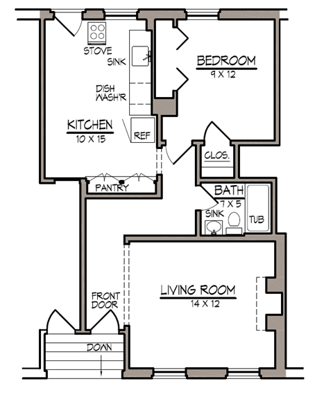 Floor plan for 1 bed, 1 bath