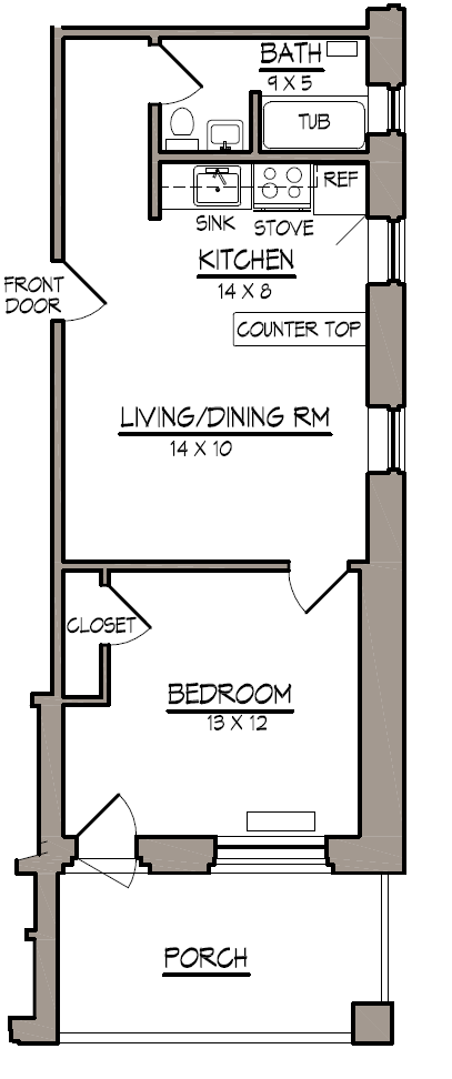 Floor plan for 1 bed, 1 bath, 513 sqft