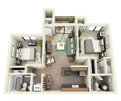 Floor plan for 2 beds, 2 baths, 961 sqft