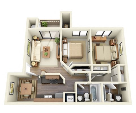 Floor plan for 2 beds, 2 baths, 981 sqft