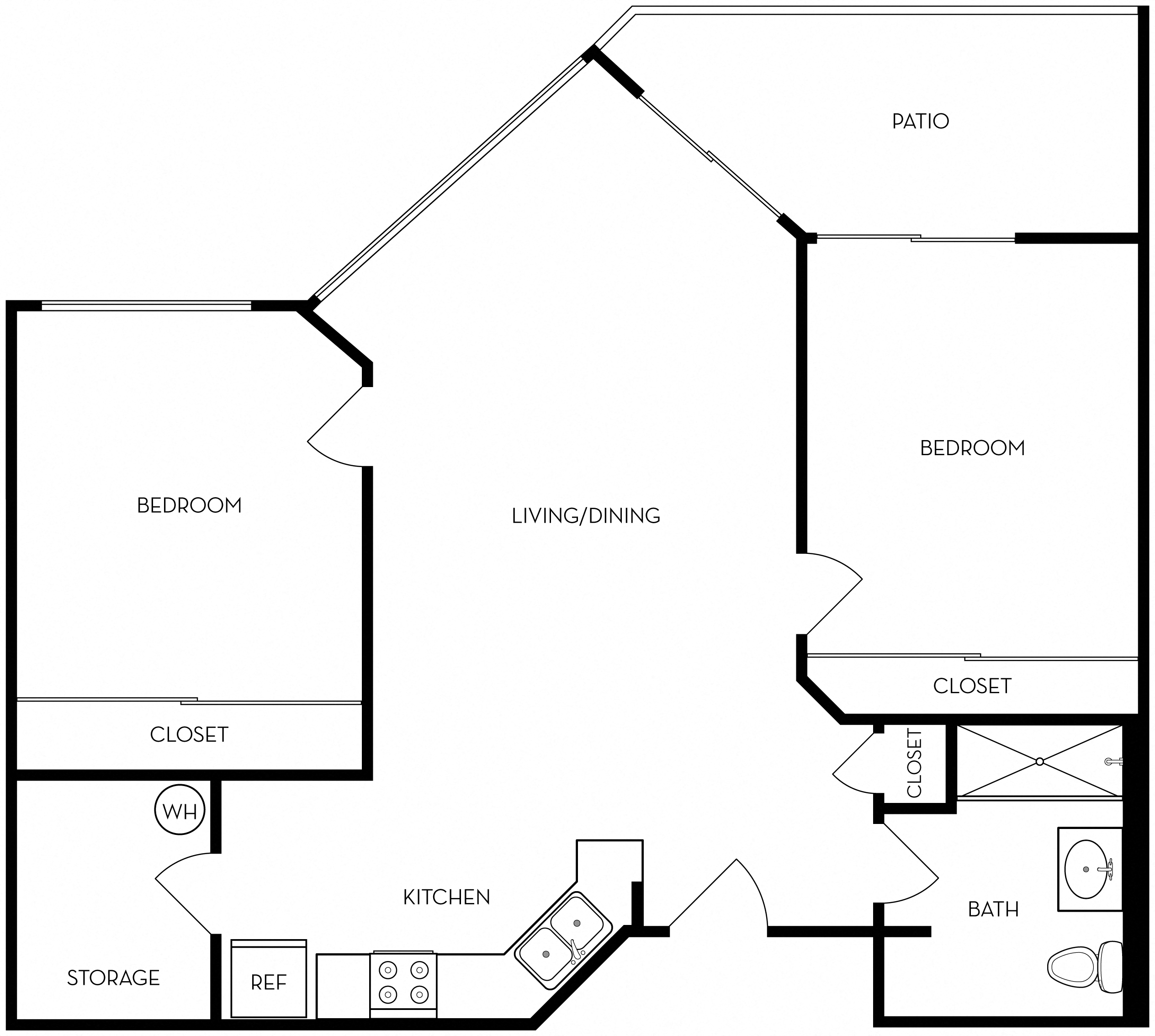 Floor plan for 2 beds, 1 bath, 836 sqft