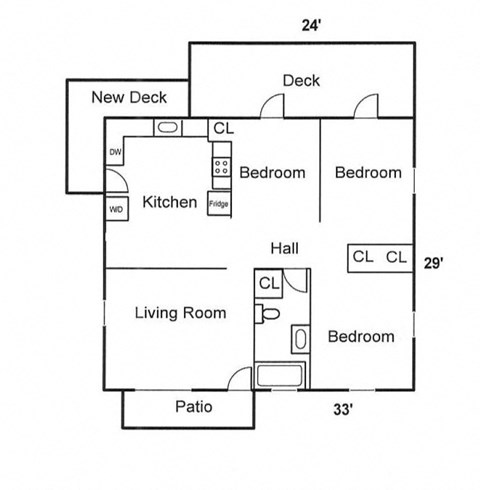 Floor plan for 3 beds, 1 bath, 960 sqft