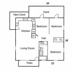 Chapel Hill house for rent - A floor plan of a house with a deck, two bedrooms, a living room, a kitchen, a patio, and a hall.