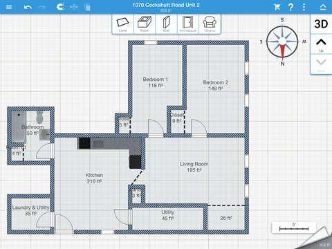 Floor plan for 2 beds, 1 bath, 858 sqft