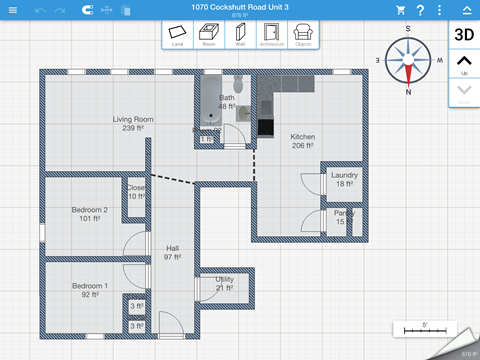 Floor plan for 2 beds, 1 bath, 876 sqft