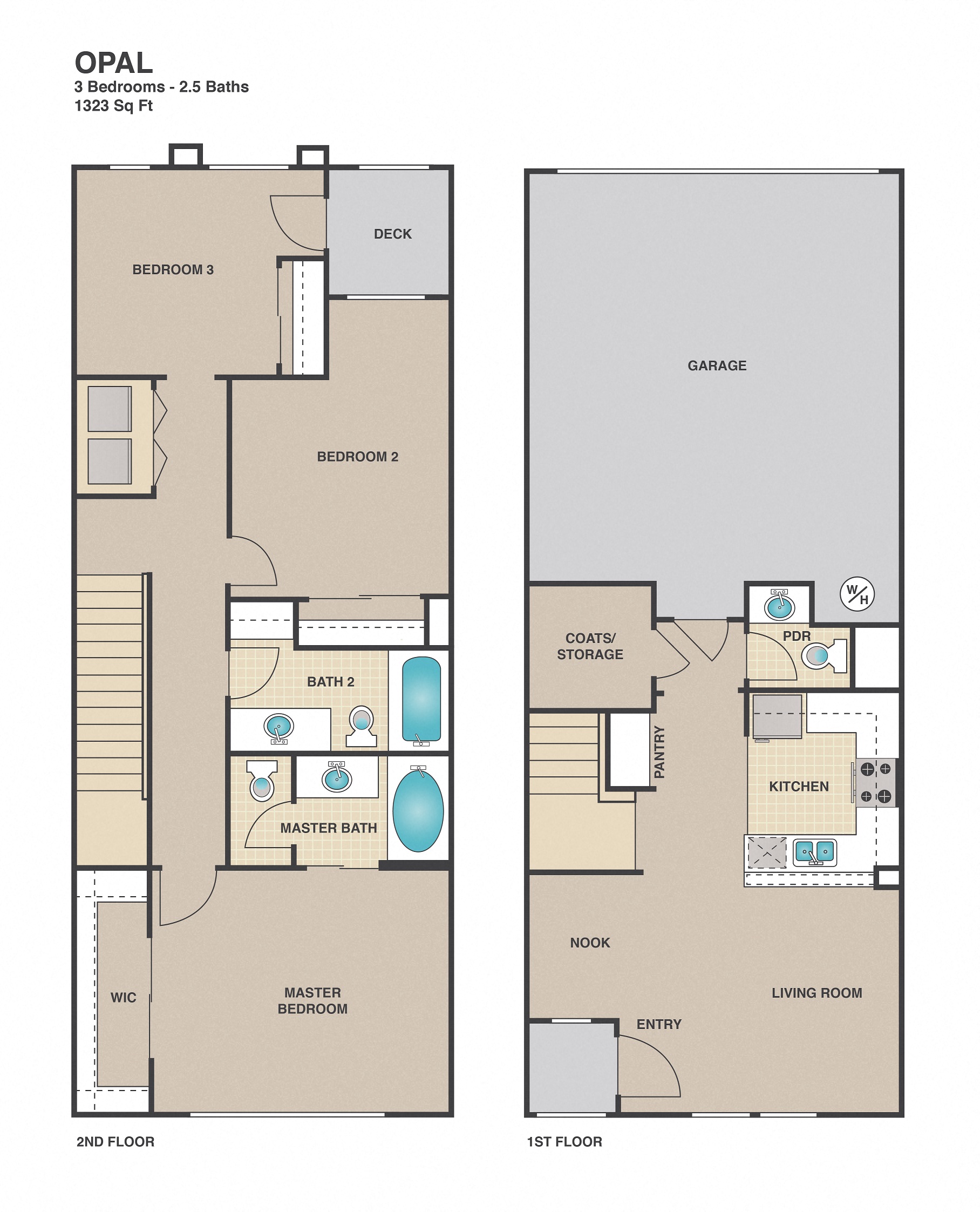 Floor plan for 3 beds, 2.5 baths, 1323 sqft