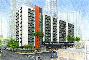 Honolulu apartment for rent - a rendering of a tall building with palm trees in front of it