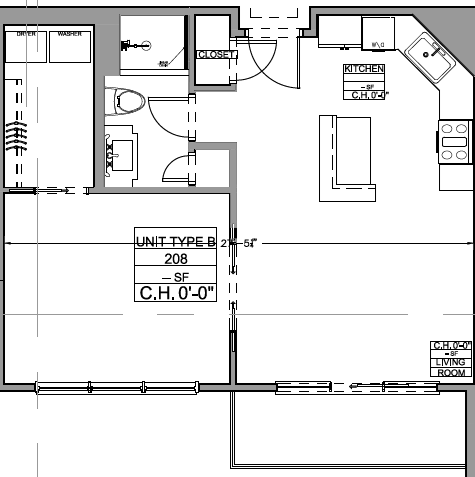 Floor plan for 1 bed, 1 bath, 740 sqft