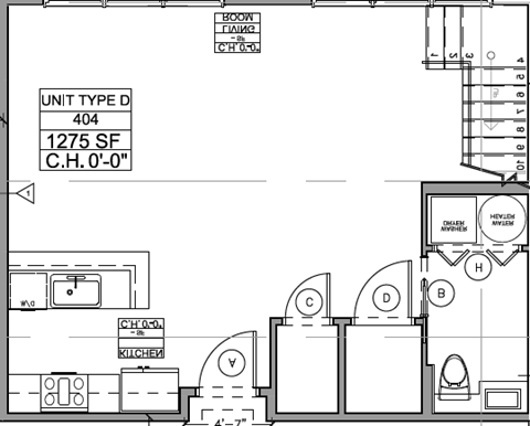Floor plan for 1 bed, 1.5 baths, 1100 sqft