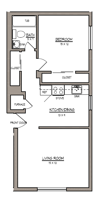 Floor plan for 1 bed, 1 bath, 620 sqft