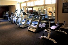 Reno apartment for rent - a row of cardio machines in a gym with a wall of windows