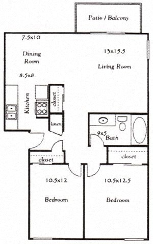Floor plan for 2 beds, 1 bath, 860 sqft