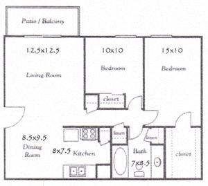 Floor plan for 2 beds, 1 bath, 816 sqft