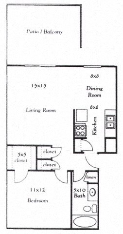 Floor plan for 1 bed, 1 bath, 648 sqft