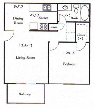 Floor plan for 1 bed, 1 bath, 624 sqft