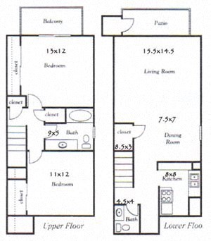 Floor plan for 2 beds, 1.5 baths, 1062 sqft