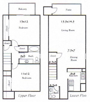 Floor plan for 2 beds, 1.5 baths, 1062 sqft