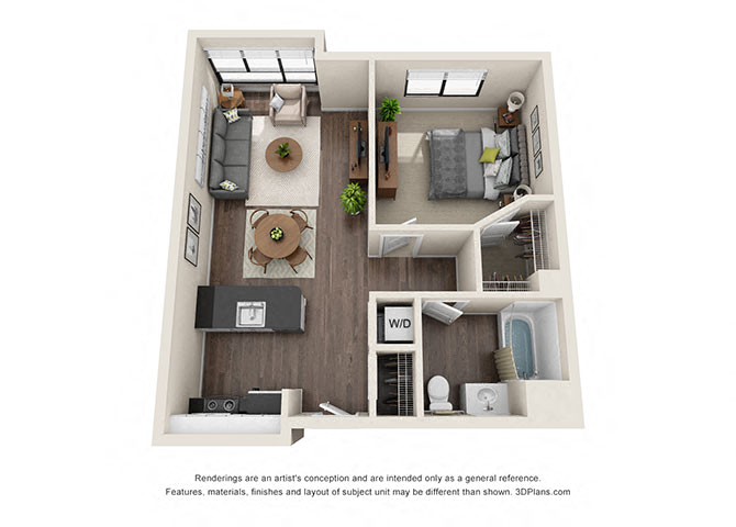 Floor plan for 1 bed, 1 bath, 705 sqft