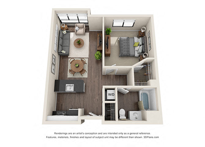 Floor plan for 1 bed, 1 bath, 719 sqft