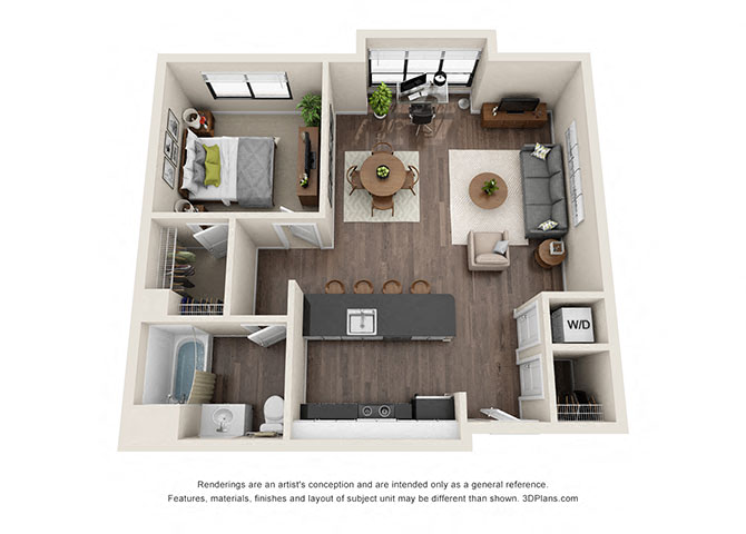 Floor plan for 1 bed, 1 bath, 825 sqft