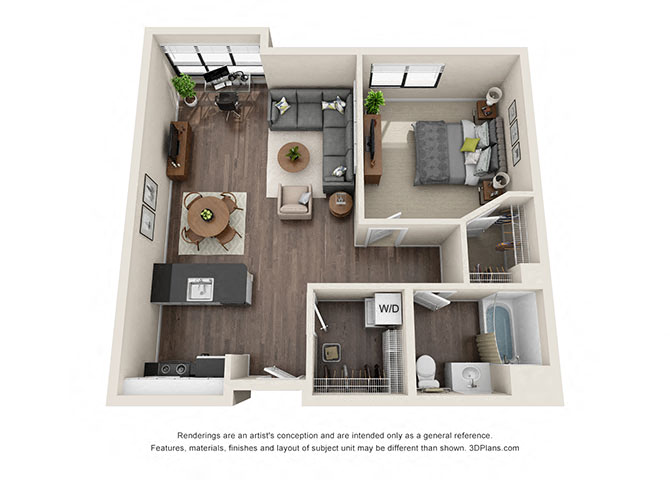 Floor plan for 1 bed, 1 bath, 831 sqft