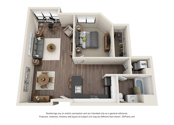 Floor plan for 1 bed, 1 bath, 1057 sqft