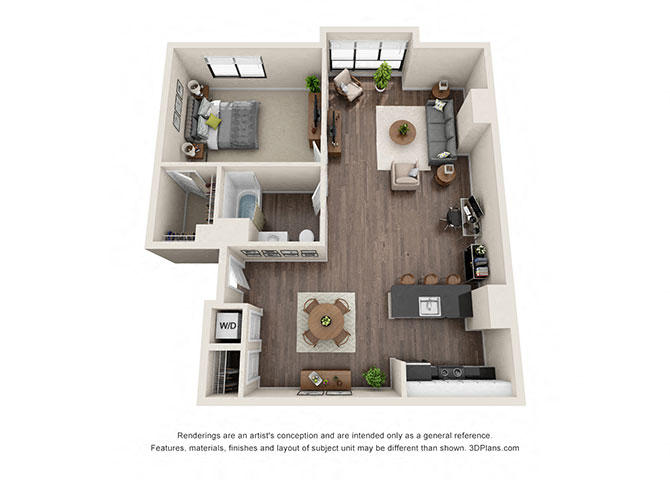 Floor plan for 1 bed, 1 bath, 955 sqft