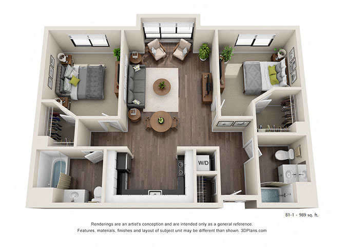 Floor plan for 2 beds, 2 baths, 989 sqft