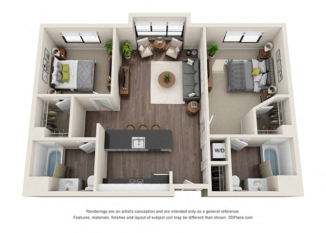 Floor plan for 2 beds, 2 baths, 1048 sqft