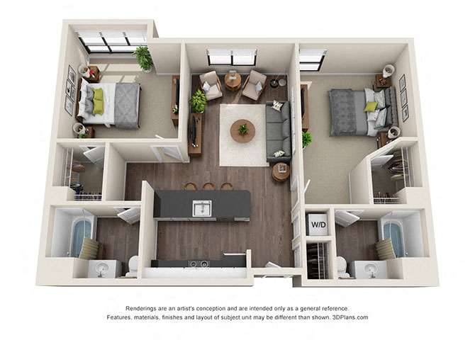 Floor plan for 2 beds, 2 baths, 1061 sqft