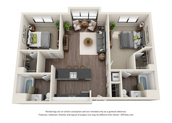 Floor plan for 2 beds, 2 baths, 1062 sqft