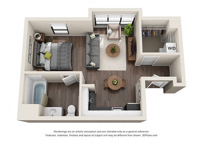 Floor plan for studio, 1 bath, 496 sqft