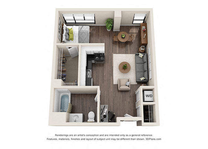 Floor plan for studio, 1 bath, 599 sqft