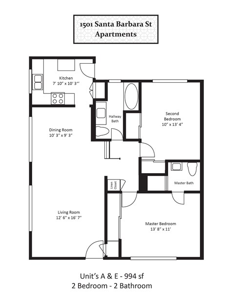 Floor plan for 2 beds, 2 baths, 994 sqft