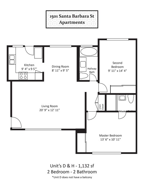 Floor plan for 2 beds, 2 baths, 1132 sqft