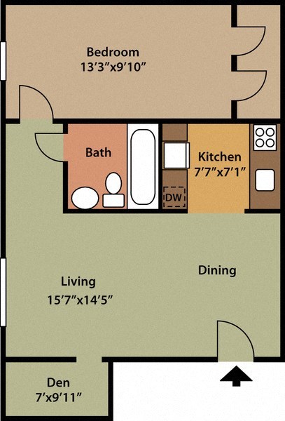 Floor plan for 1 bed, 1 bath, 650 sqft